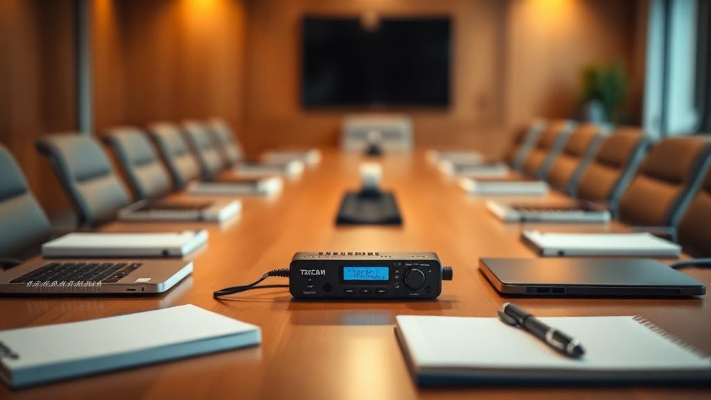 Enregistreur audio numérique posé au centre d'une table de réunion CSE