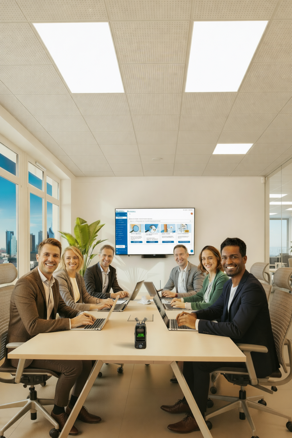 Élus CSE diversifiés en réunion, souriants, avec ordinateurs et tablettes
