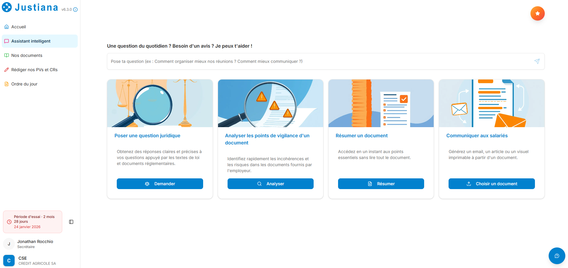 Interface de l'application Justiana pour la gestion du CSE